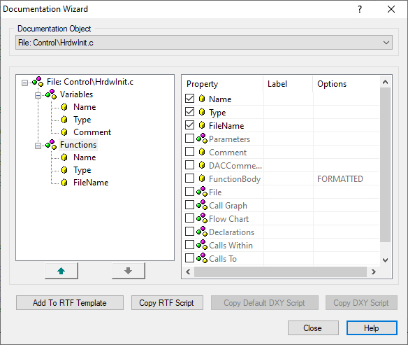 Documentation Wizard property tree