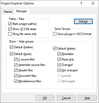 Project Explorer Options Manager tab