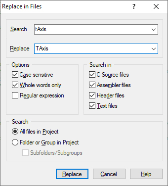replace in Files dialog box