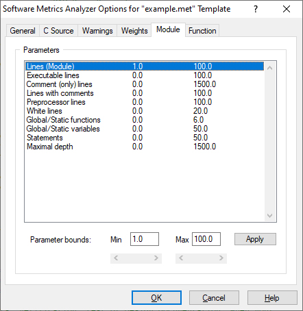 Software Metrics Calculator Options Module tab