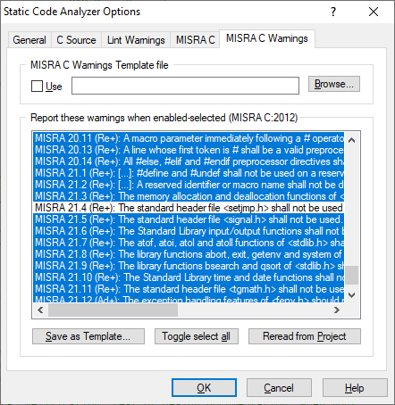 Static Code Analyzer Options - MISRA C Warnings