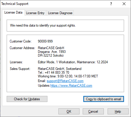 Technical Support License Data Tab